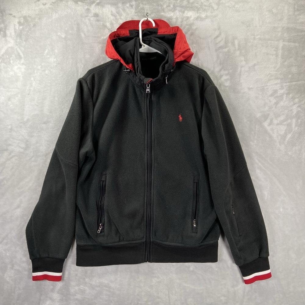 Polo Ralph Lauren Jacket men's Large Fleece Full Zip Packable Hood Bomber Black - Picture 1 of 16